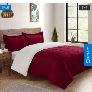 Queen Set Bed Comforter Sherpa Burgundy